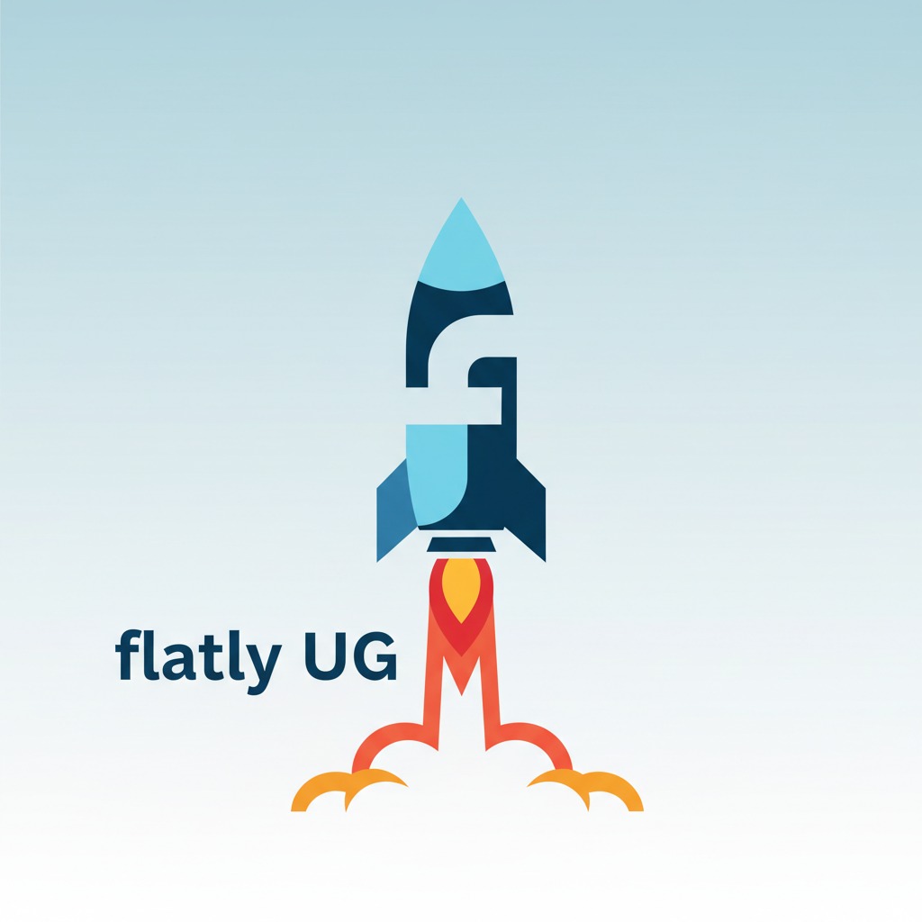 Das Logo von flatly UG zeigt eine stilisierte Rakete, deren Form den Buchstaben f bildet, mit einer Flamme am unteren Ende.